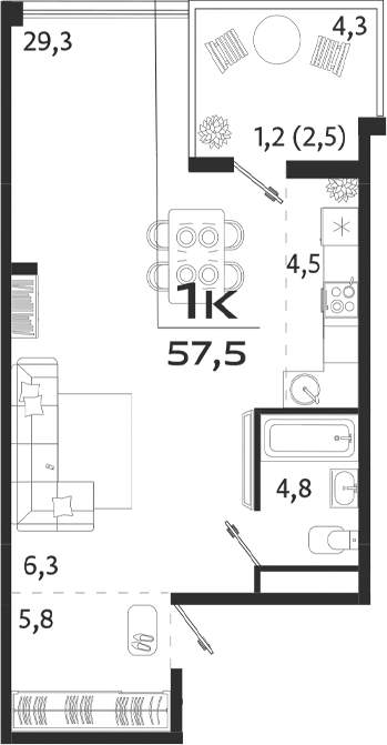Планировка — ROYALTA, Студия, 51 м²