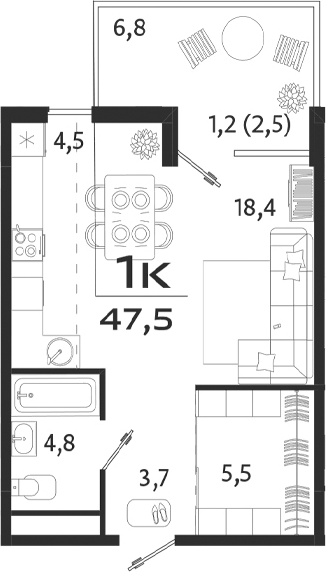 Планировка — ROYALTA, Студия, 38 м²