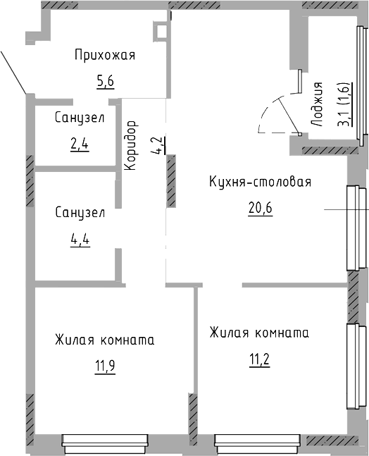 Планировка — Курчатов, 3-комн., 60 м²