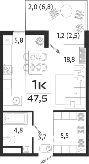 Планировка — ROYALTA, Студия, 38 м²