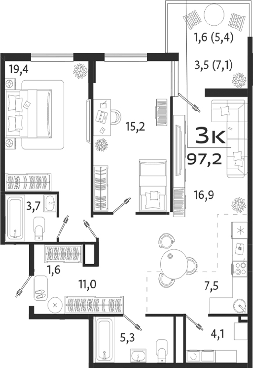 Планировка — ROYALTA, 3-комн., 84 м²