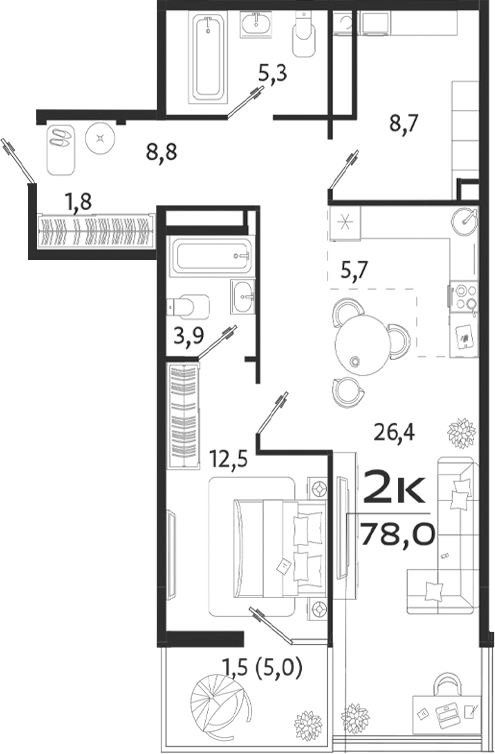 Планировка — ROYALTA, 2-комн., 73 м²