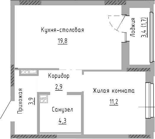 Планировка — Курчатов, 2-комн., 42 м²