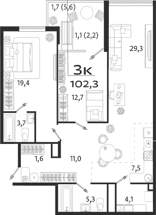 Планировка — ROYALTA, 3-комн., 95 м²