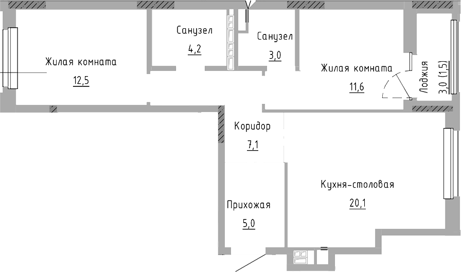 Планировка — Курчатов, 3-комн., 64 м²