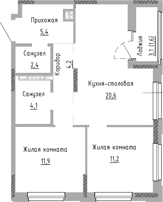 Планировка — Курчатов, 3-комн., 60 м²