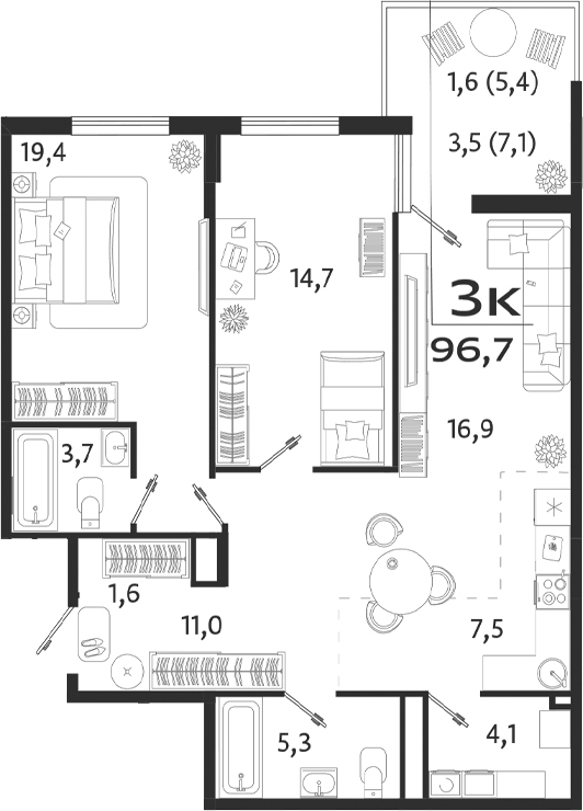 Планировка — ROYALTA, 2-комн., 84 м²