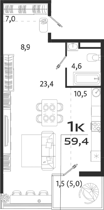 Планировка — ROYALTA, Студия, 54 м²