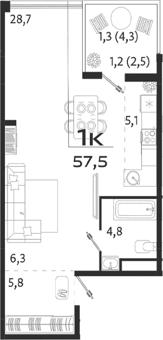 Планировка — ROYALTA, Студия, 51 м²