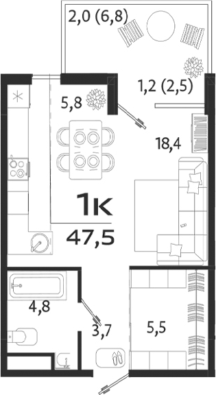 Планировка — ROYALTA, Студия, 38 м²