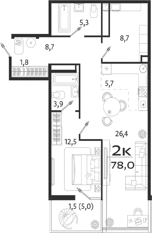 Планировка — ROYALTA, 2-комн., 73 м²