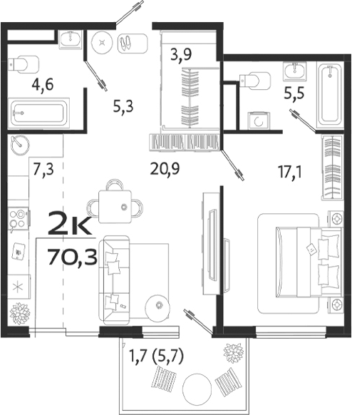 Планировка — ROYALTA, 2-комн., 65 м²