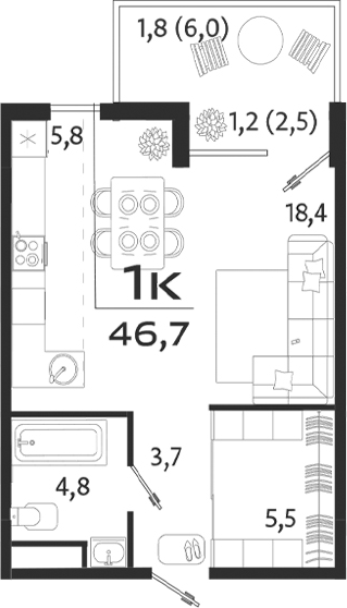 Планировка — ROYALTA, Студия, 38 м²