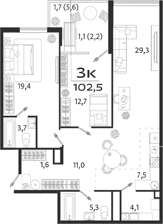 Планировка — ROYALTA, 3-комн., 95 м²