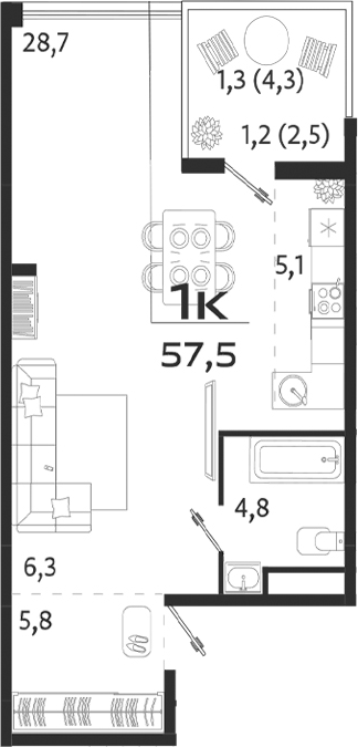 Планировка — ROYALTA, Студия, 51 м²