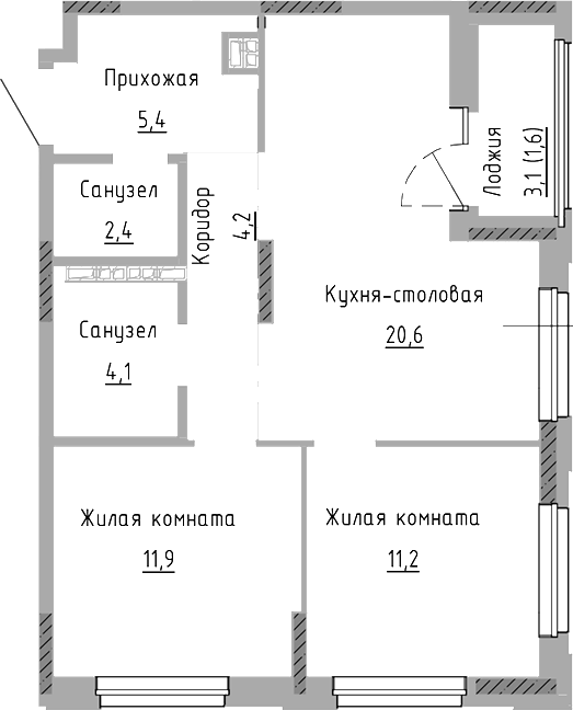 Планировка — Курчатов, 3-комн., 60 м²