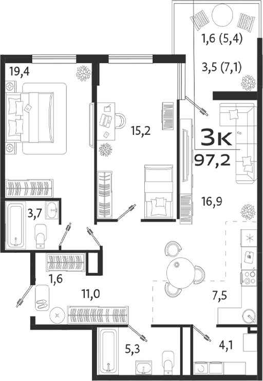 Планировка — ROYALTA, 3-комн., 84 м²
