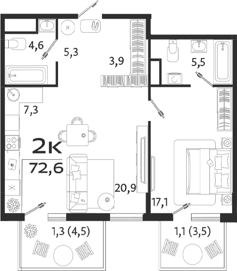 Планировка — ROYALTA, 1-комн., 65 м²