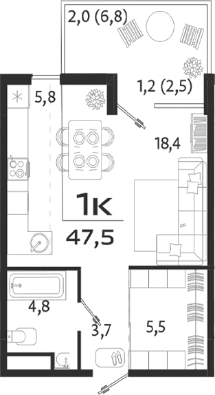 Планировка — ROYALTA, Студия, 38 м²