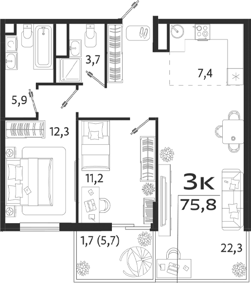 Планировка — ROYALTA, 3-комн., 70 м²