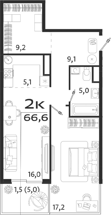 Планировка — ROYALTA, 2-комн., 62 м²