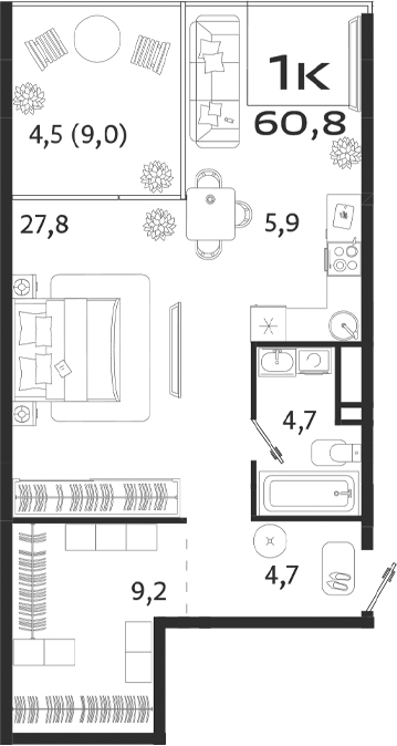 Планировка — ROYALTA, Студия, 52 м²