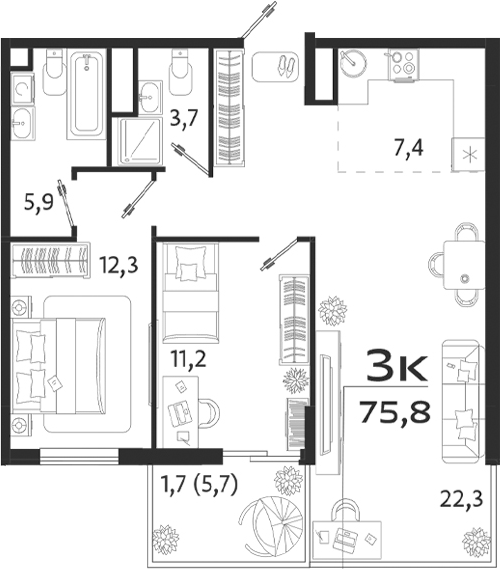 Планировка — ROYALTA, 3-комн., 70 м²
