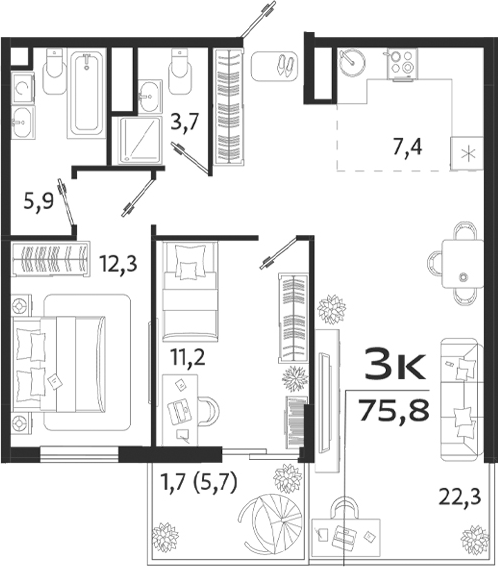 Планировка — ROYALTA, 3-комн., 70 м²