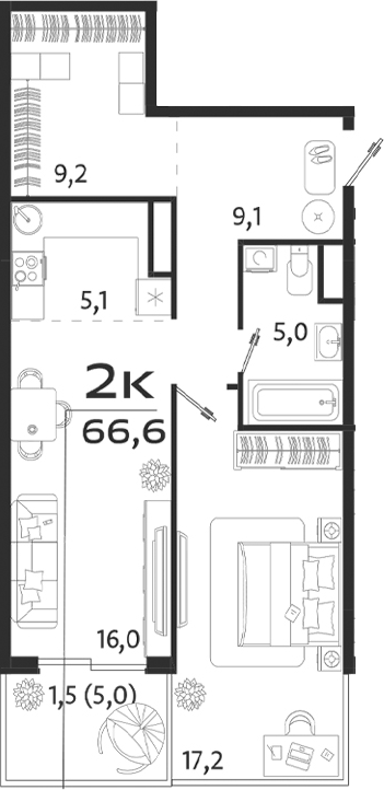 Планировка — ROYALTA, 2-комн., 62 м²