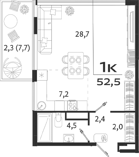Планировка — ROYALTA, Студия, 45 м²