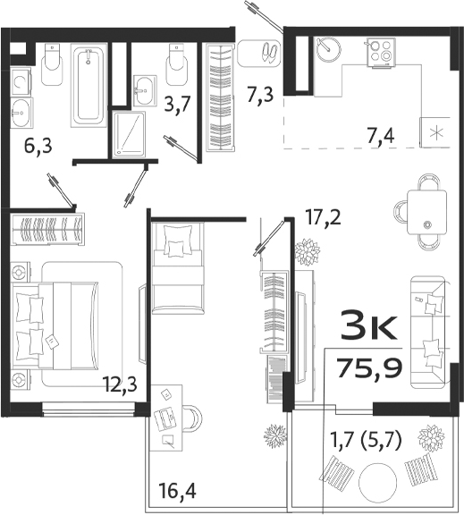 Планировка — ROYALTA, 3-комн., 70 м²