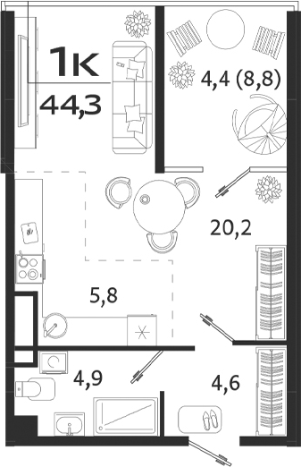 Планировка — ROYALTA, Студия, 36 м²