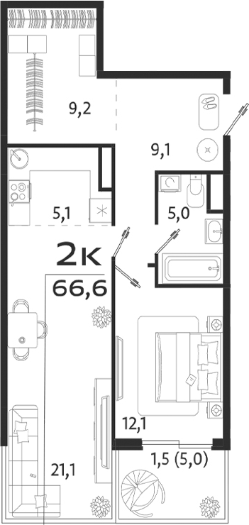 Планировка — ROYALTA, 2-комн., 62 м²