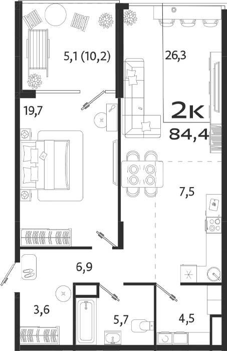 Планировка — ROYALTA, 1-комн., 74 м²