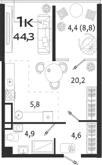 Планировка — ROYALTA, Студия, 36 м²
