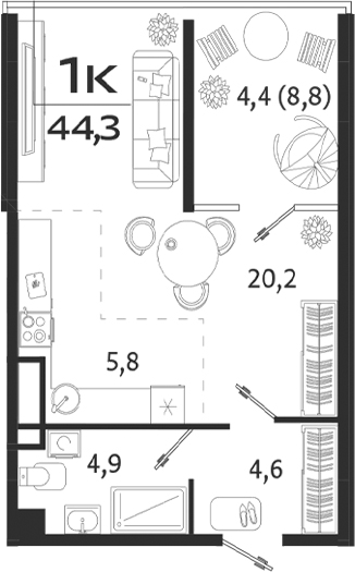 Планировка — ROYALTA, Студия, 36 м²