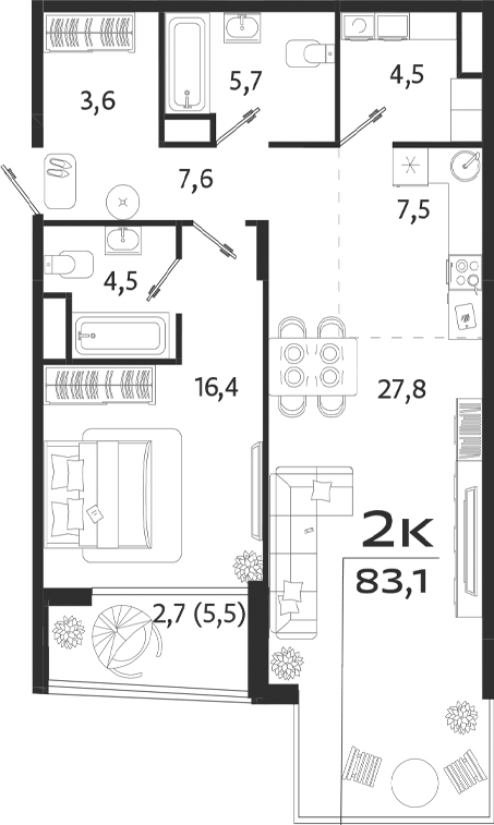 Планировка — ROYALTA, 1-комн., 78 м²