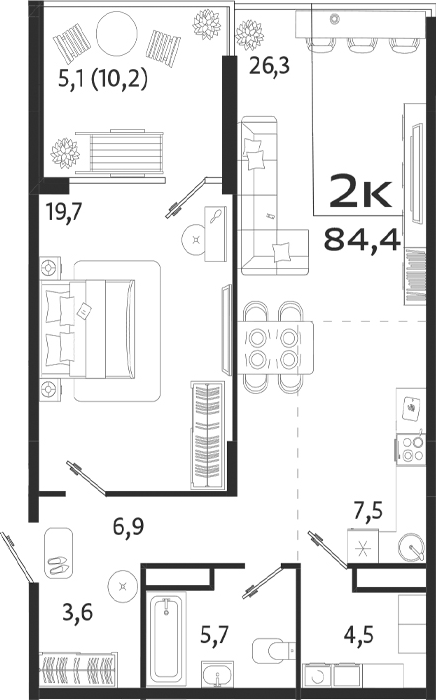 Планировка — ROYALTA, 1-комн., 74 м²