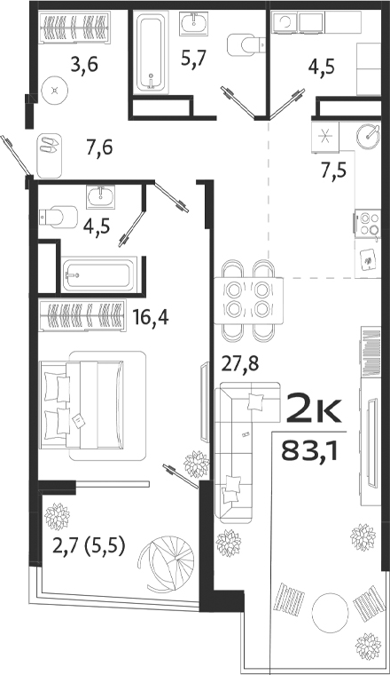 Планировка — ROYALTA, 1-комн., 78 м²