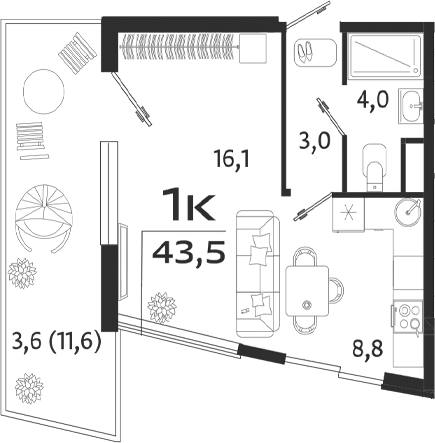 Планировка — ROYALTA, Студия, 32 м²