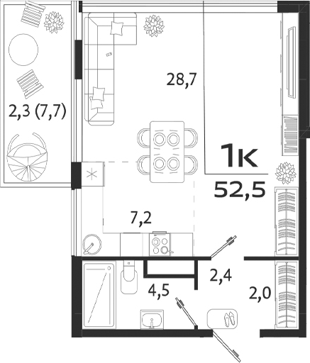 Планировка — ROYALTA, Студия, 45 м²