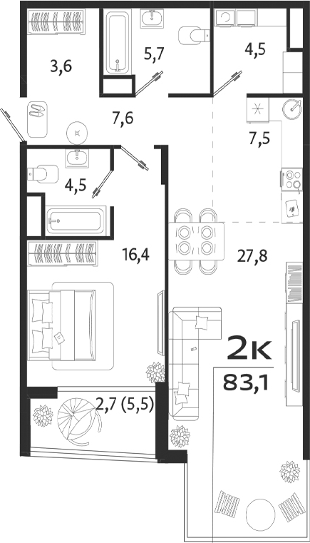 Планировка — ROYALTA, 1-комн., 78 м²