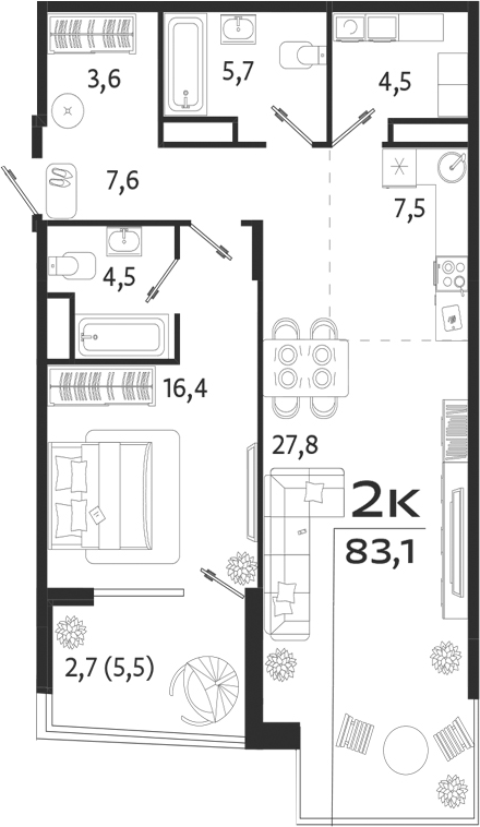 Планировка — ROYALTA, 1-комн., 78 м²