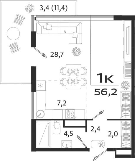 Планировка — ROYALTA, Студия, 45 м²