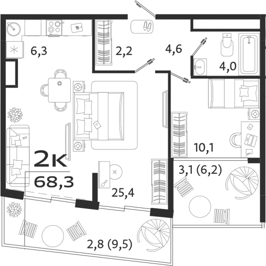 Планировка — ROYALTA, 1-комн., 53 м²