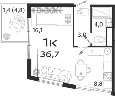 Планировка — ROYALTA, Студия, 32 м²