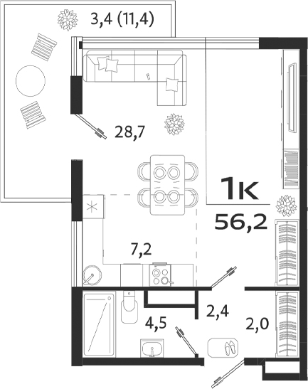 Планировка — ROYALTA, Студия, 45 м²