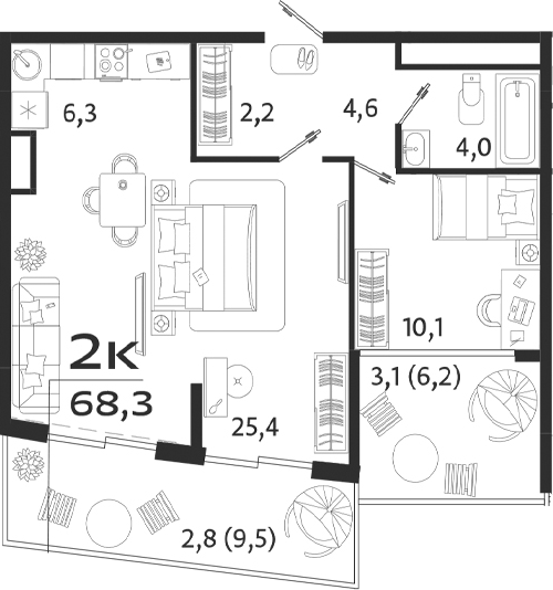 Планировка — ROYALTA, 1-комн., 53 м²