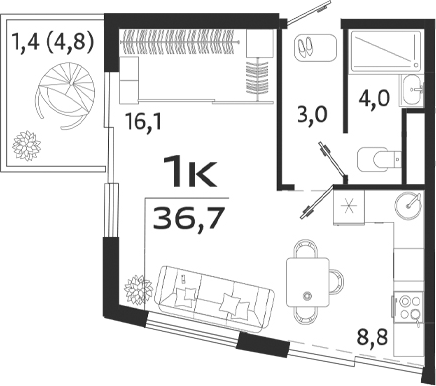 Планировка — ROYALTA, Студия, 32 м²