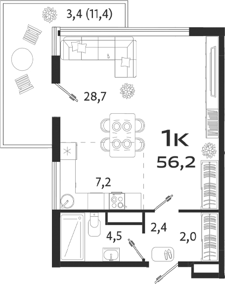 Планировка — ROYALTA, Студия, 45 м²